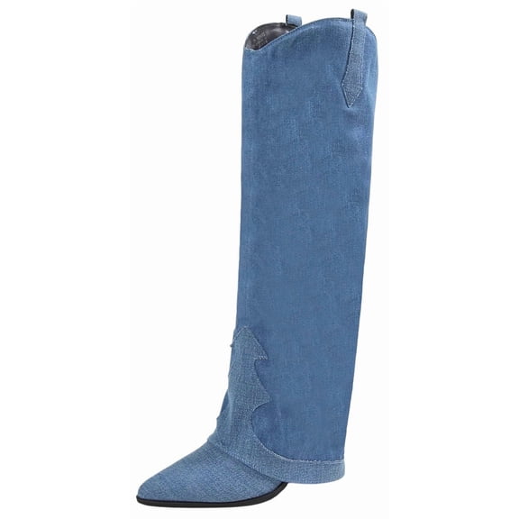 Berness Women Brandy Suedette Foldover Knee High Boots Western Cowboy Style Pointed Toe Hidden Block High Heel Faux Suede Leather Mix Hidden Zipper Pull On Blue Denim 6.5