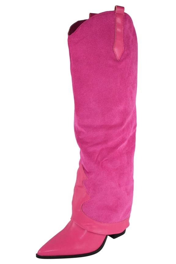 Women Brandy Suedette Foldover Knee High Boots Western Cowboy Style Pointed Toe Hidden Block High Heel Faux Suede Leather Mix Hidden Zipper Pull On Hot Pink Fuchsia 7