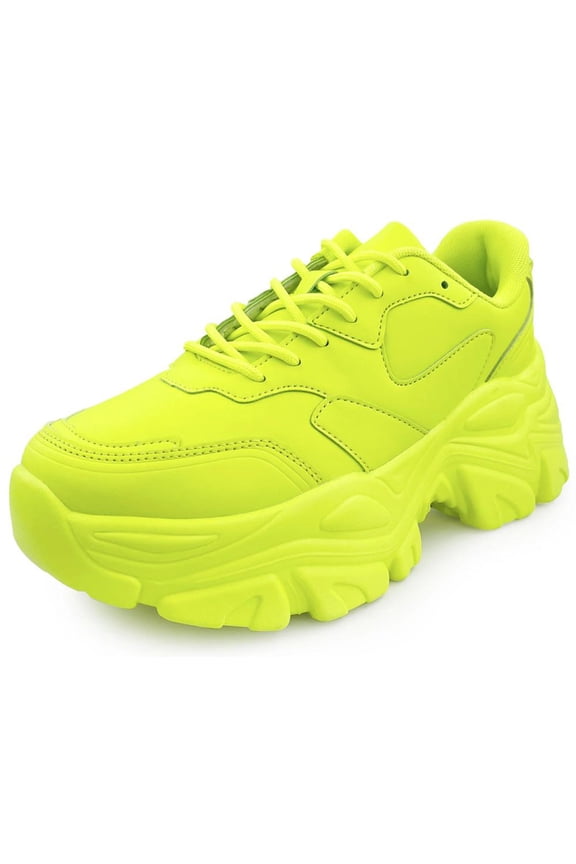 Women Chunky Platform Sneakers Lace Up Fashion Trainers Thick Sole Casual Walking Light Weight Shoes BLAIR Neon Yellow 7