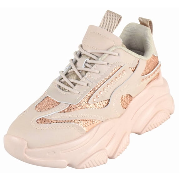 Berness Women Chunky Platform Sneakers Rhinestone Bling Fashion Trainers Lace Up Casual Athletic Shoes CHARLEE Beige Nude 5