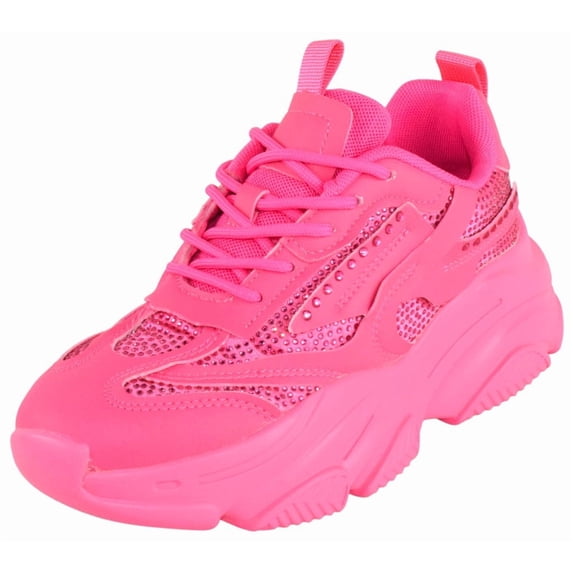 Berness Women Chunky Platform Sneakers Rhinestone Bling Fashion Trainers Lace Up Casual Athletic Shoes CHARLEE Hot Pink Fuchsia 6