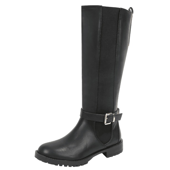 Berness Women Knee High Boots Buckle Strap Riding Elastic Sides Zippers Flat Block Heel PAMA Black 8.5