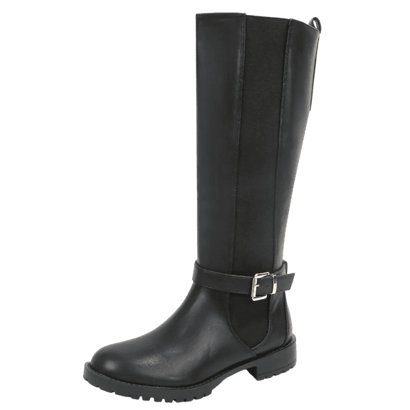 Berness Women Knee High Boots Buckle Strap Riding Elastic Sides Zippers Flat Block Heel PAMA Black 9