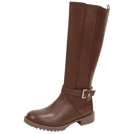 Berness Women Knee High Boots Buckle Strap Riding Elastic Sides Zippers Flat Block Heel PAMA Dark Brown 5.5