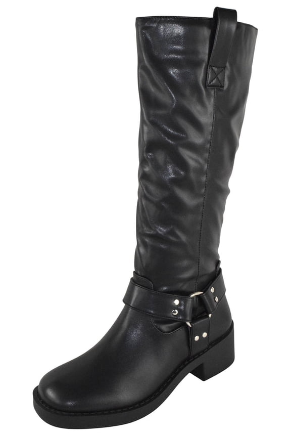 Women Knee High Boots Buckle Strap Riding Side Zippers Short Block Heel SPENCER Black PU 6.5