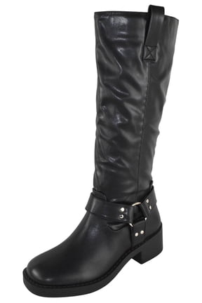 Women Knee High Boots Buckle Strap Riding Side Zippers Short Block Heel SPENCER Black PU 6