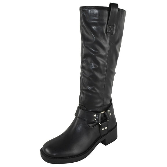 Berness Women Knee High Boots Buckle Strap Riding Side Zippers Short Block Heel SPENCER Black PU 8.5