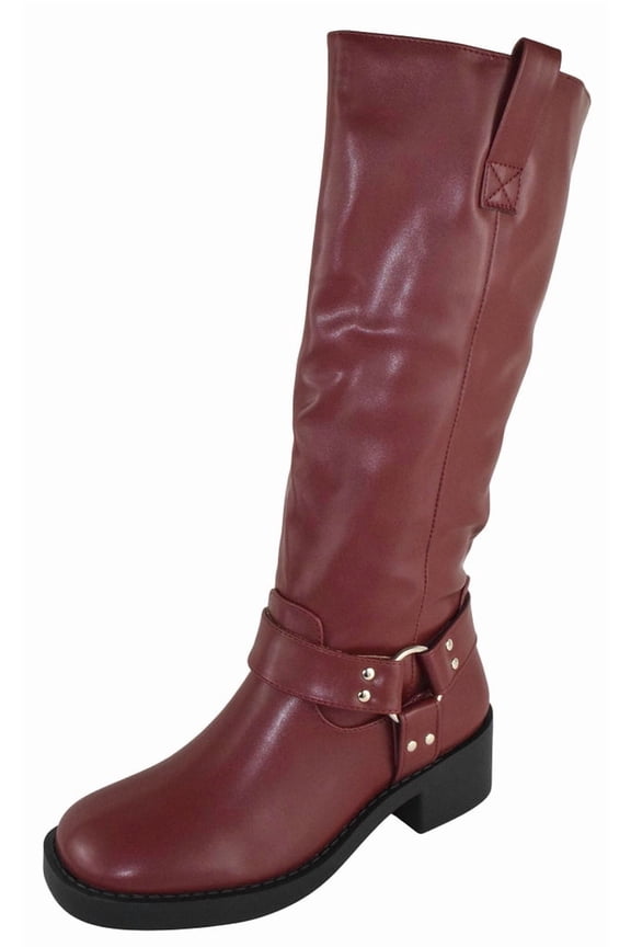 Women Knee High Boots Buckle Strap Riding Side Zippers Short Block Heel SPENCER Red Wine Burgundy 8.5