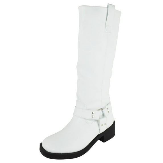 Berness Women Knee High Boots Buckle Strap Riding Side Zippers Short Block Heel SPENCER White PU 7.5