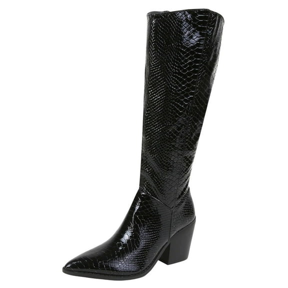 Berness Women Knee High Western Cowboy Boots Side Zippers Block High Heel Pointed Toe Snakeskin Print LILIBETH Black Patent 9