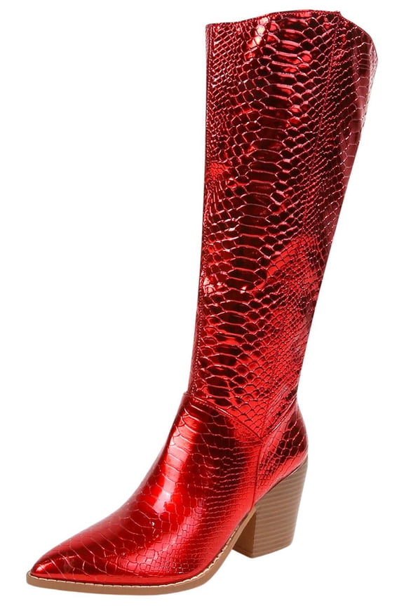 Women Knee High Western Cowboy Boots Side Zippers Block High Heel Pointed Toe Snakeskin Print LILIBETH Hot Red Patent 9