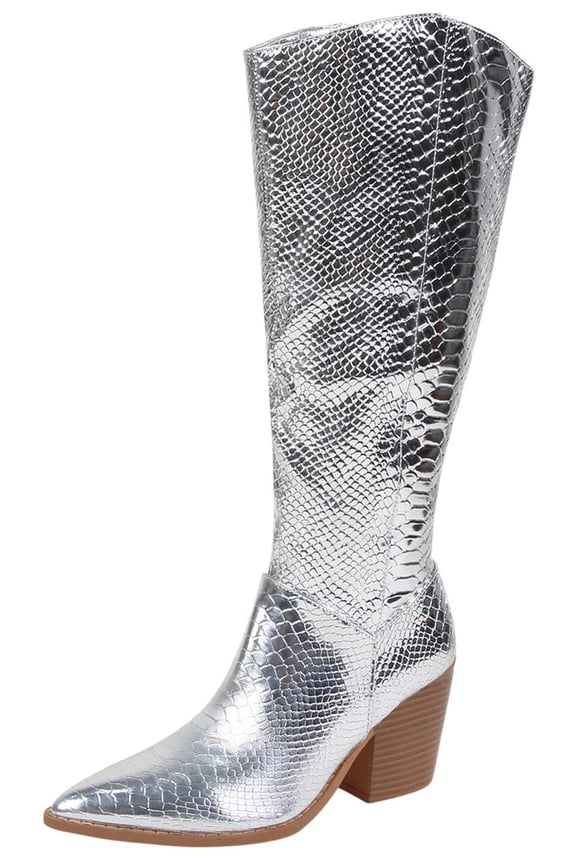 Women Knee High Western Cowboy Boots Side Zippers Block High Heel Pointed Toe Snakeskin Print LILIBETH Silver Patent 7.5