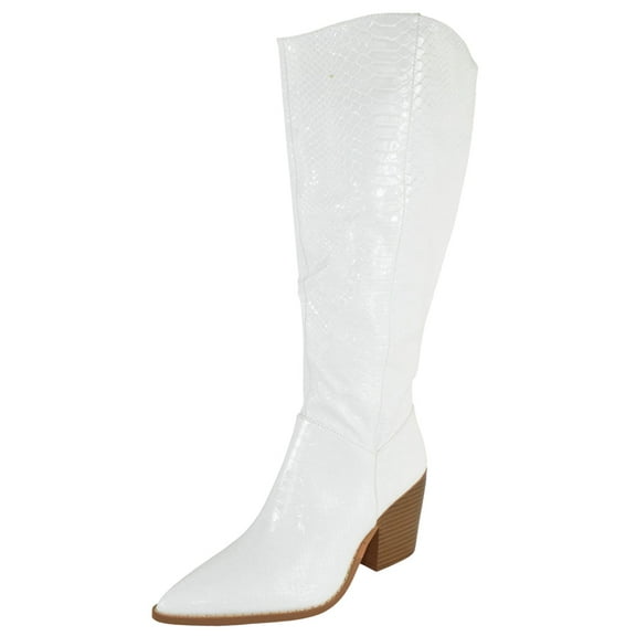 Berness Women Knee High Western Cowboy Boots Side Zippers Block High Heel Pointed Toe Snakeskin Print LILIBETH White Patent 7