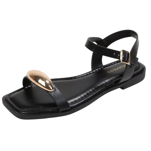 Berness Women’s Ankle Strap Sandals – Gold Hardware Accent, Square Open Toe, Cushioned Footbed, Lightweight Flat Sandals TRISTAN Black 10