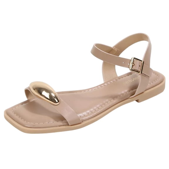 Berness Women’s Ankle Strap Sandals – Gold Hardware Accent, Square Open Toe, Cushioned Footbed, Lightweight Flat Sandals TRISTAN Nude Beige 8