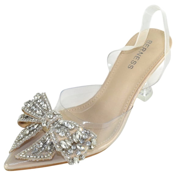 Berness Women’s Clear Heels – Transparent PVC Strap Rhinestone Bow Pointed Toe Pumps, Kitten Heel Slip-On Mule Formal Dress Shoes for Wedding Party Evening NINA05 Nude Beige 7