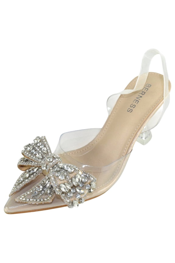 Women’s Clear Heels – Transparent PVC Strap Rhinestone Bow Pointed Toe Pumps, Kitten Heel Slip-On Mule Formal Dress Shoes for Wedding Party Evening NINA05 Nude Beige 7