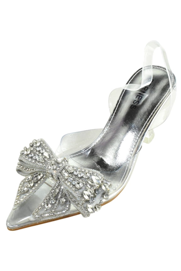 Women’s Clear Heels – Transparent PVC Strap Rhinestone Bow Pointed Toe Pumps, Kitten Heel Slip-On Mule Formal Dress Shoes for Wedding Party Evening NINA05 Silver 9
