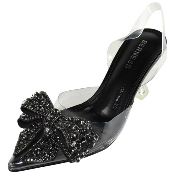 Berness Women’s Clear Heels – Transparent PVC Strap Rhinestone Bow Pointed Toe Pumps, Kitten Heel Slip-On Mule Formal Dress Shoes for Wedding Party Evening NINA05 Black 11