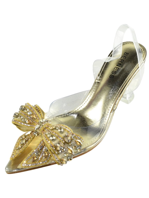 Women’s Clear Heels – Transparent PVC Strap Rhinestone Bow Pointed Toe Pumps, Kitten Heel Slip-On Mule Formal Dress Shoes for Wedding Party Evening NINA05 Gold 10