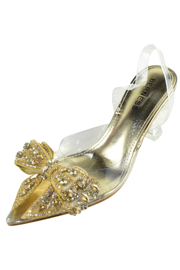 Women’s Clear Heels – Transparent PVC Strap Rhinestone Bow Pointed Toe Pumps, Kitten Heel Slip-On Mule Formal Dress Shoes for Wedding Party Evening NINA05 Gold 9