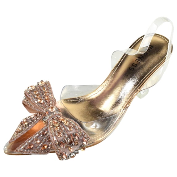 Berness Women’s Clear Heels – Transparent PVC Strap Rhinestone Bow Pointed Toe Pumps, Kitten Heel Slip-On Mule Formal Dress Shoes for Wedding Party Evening NINA05 Gold Bronze 7.5