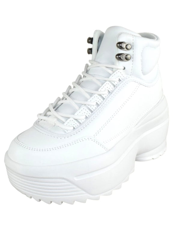 Women’s Platform High Top Sneakers – Chunky Lug Sole Lace-Up Ankle Boots, Fashion Statement Sneakers MACY01 White 6