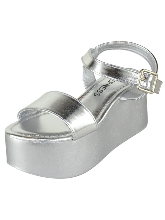 Women's Platform Wedge Sandals – Open Toe Ankle Strap Buckle Sandals, Lightweight Flatform Dress Sandals, Casual Summer Platform Shoes GEORGINA02 Silver 5