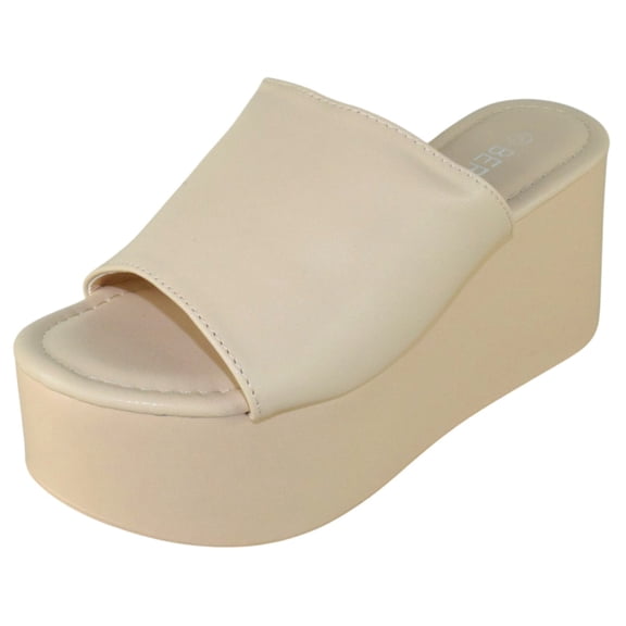 Berness Women's Platform Wedge Slide Sandals – Open Toe Slip-On Flatform Mule Sandals, Comfortable Summer Shoes FLORA Beige Nude 10