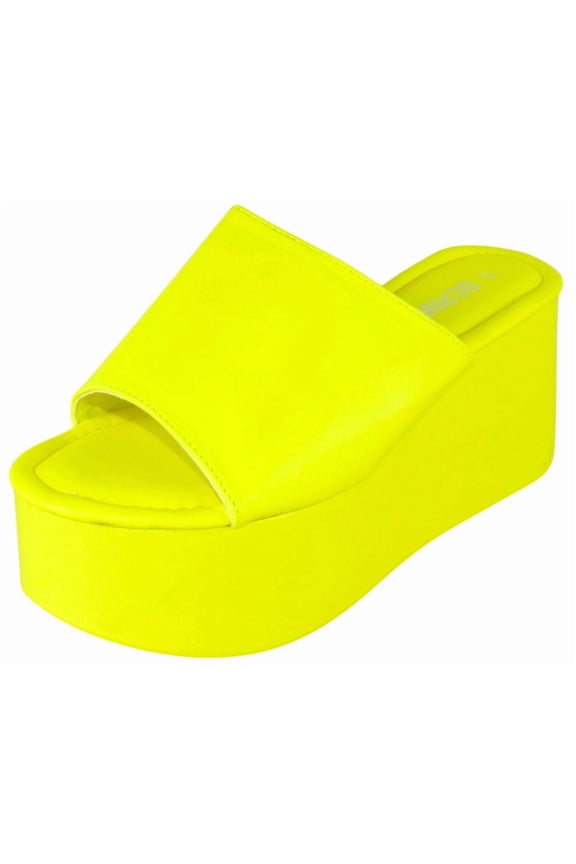Women's Platform Wedge Slide Sandals – Open Toe Slip-On Flatform Mule Sandals, Comfortable Summer Shoes FLORA Neon Yellow 7