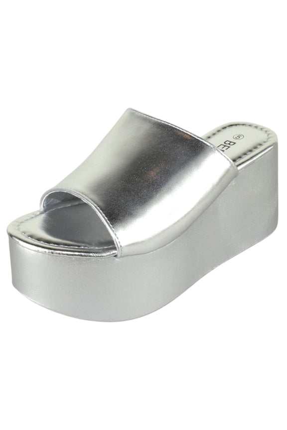 Women's Platform Wedge Slide Sandals – Open Toe Slip-On Flatform Mule Sandals, Comfortable Summer Shoes FLORA Silver 5