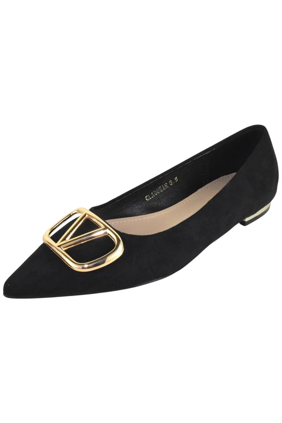 Women’s Pointed Toe Flats – Gold Buckle Ballet Flats, Slip-On Low Heel Dress Shoes, Elegant Comfortable Work Office Shoes CLAUDEAN Black Suede 8
