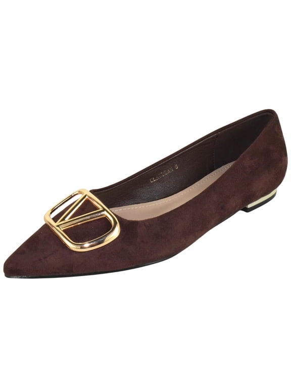 Women’s Pointed Toe Flats – Gold Buckle Ballet Flats, Slip-On Low Heel Dress Shoes, Elegant Comfortable Work Office Shoes CLAUDEAN Dark Brown Suede 7