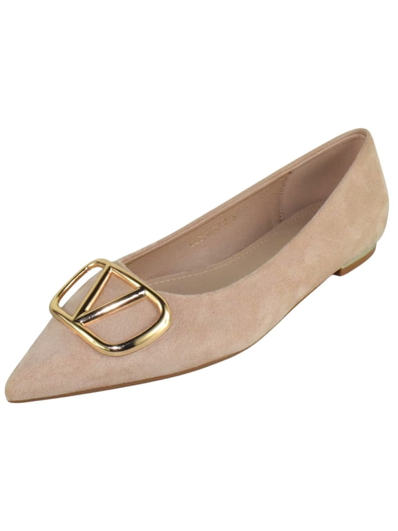 Women’s Pointed Toe Flats – Gold Buckle Ballet Flats, Slip-On Low Heel Dress Shoes, Elegant Comfortable Work Office Shoes CLAUDEAN Nude Beige Suede 5.5