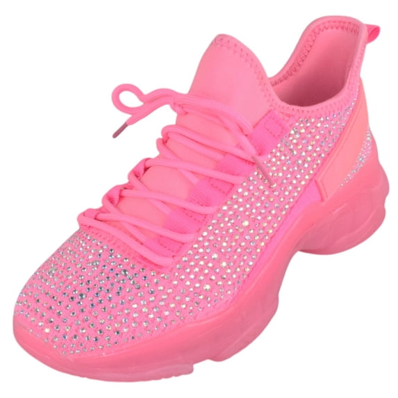 Berness Women’s Rhinestone Chunky Sneakers – Platform Lace-Up Fashion Walking Shoes, Sparkle Casual Sneakers FREYA Hot Pink Fuchsia 7
