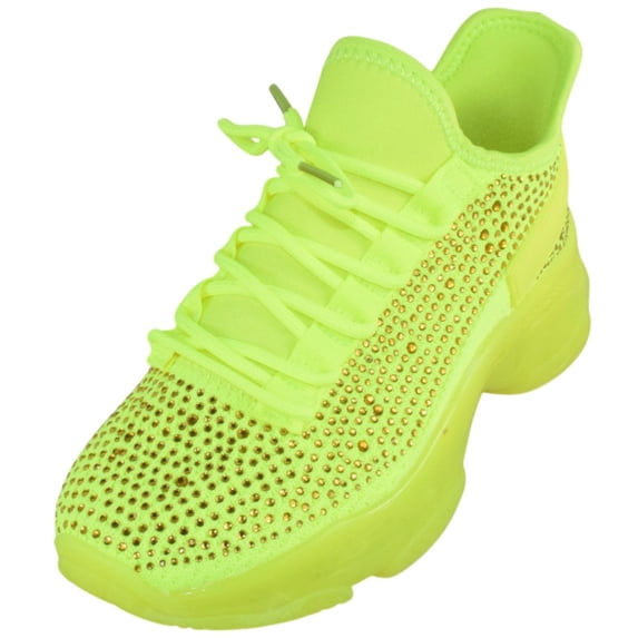 Berness Women’s Rhinestone Chunky Sneakers – Platform Lace-Up Fashion Walking Shoes, Sparkle Casual Sneakers FREYA Neon Yellow 5