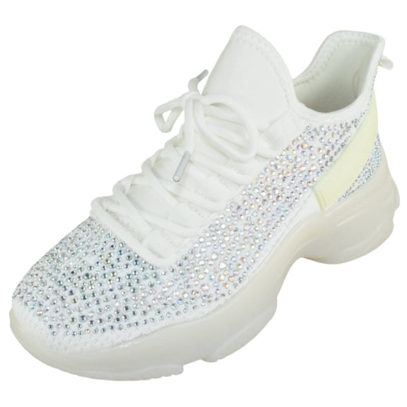 Berness Women’s Rhinestone Chunky Sneakers – Platform Lace-Up Fashion Walking Shoes, Sparkle Casual Sneakers FREYA White 8