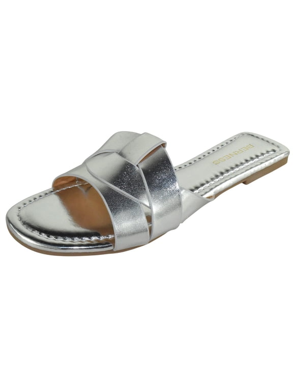 Women’s Slide Sandals – Criss Cross Strap Design, Cushioned Footbed, Lightweight Flat Slip-On Sandals, Casual Summer Slides TOPAZ Silver 8