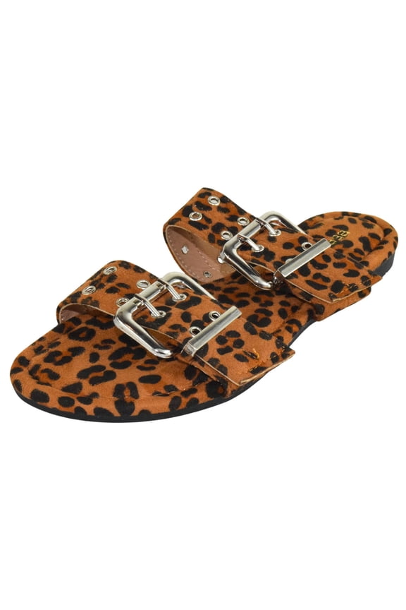 Women’s Slide Sandals – Double Buckle Adjustable Straps, Cushioned Footbed, Lightweight Flat Slip-On Sandals, Metal Eyelet Casual Fashion Slides KYLE Leopard Cheetah Print 10