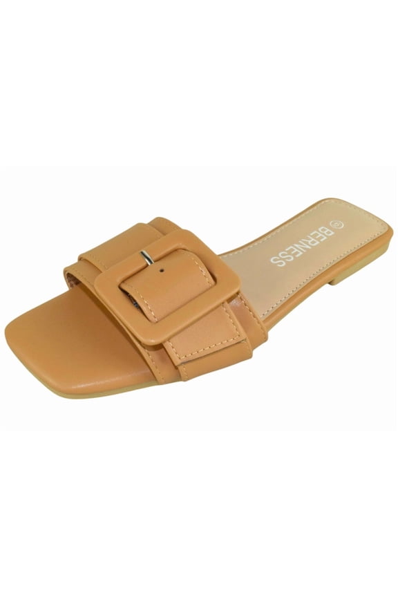 Women’s Slide Sandals – Flat Slip-On Sandal with Oversized Buckle, Casual Summer Open Toe ELLIE Camel Tan Brown 9