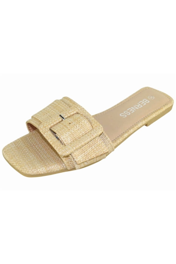 Women’s Slide Sandals – Flat Slip-On Sandal with Oversized Buckle, Casual Summer Open Toe ELLIE Natural Beige Raffia 5