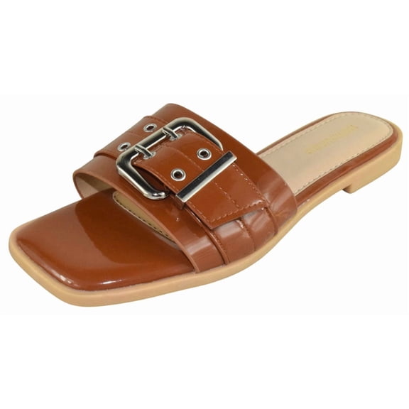 Berness Women’s Slide Sandals – Metal Eyelet Buckle Strap, Cushioned Footbed, Lightweight Slip-On Flat Sandals TRACE Camel Tan Brown 7