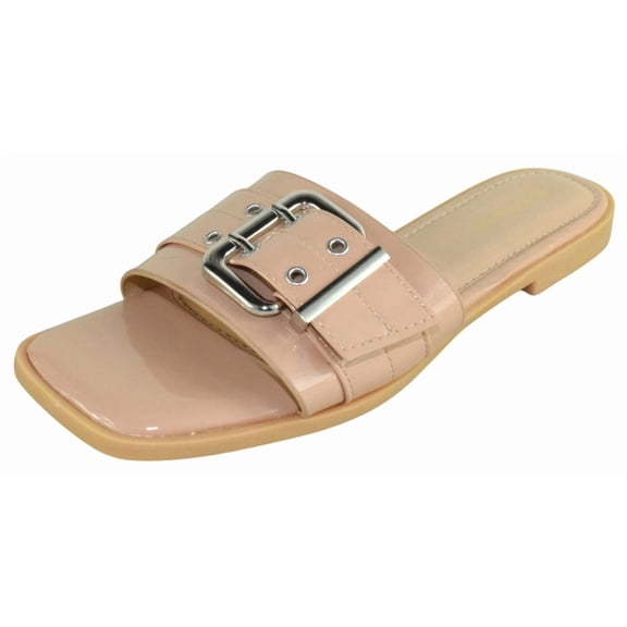 Berness Women’s Slide Sandals – Metal Eyelet Buckle Strap, Cushioned Footbed, Lightweight Slip-On Flat Sandals TRACE Nude Beige 9