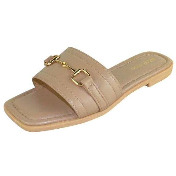 Berness Women’s Slide Sandals – Square Open Toe Flat with Cushioned Footbed, Lightweight Slip-On, Gold Chain Hardware, Casual Dress KAMARI Nude Beige 9