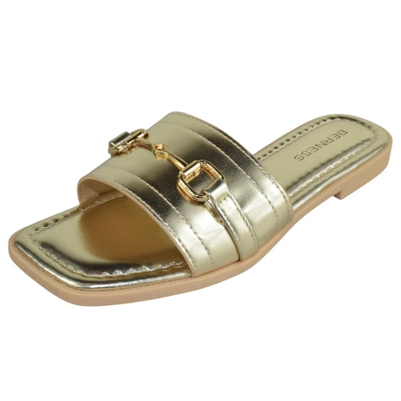 Berness Women’s Slide Sandals – Square Open Toe Flat with Cushioned Footbed, Lightweight Slip-On, Gold Chain Hardware, Casual Dress KAMARI Gold 10