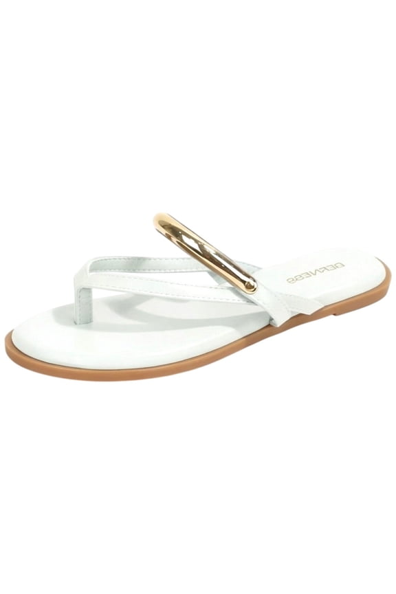 Women’s Thong Sandals – Flat Slip-On Flip Flops with Gold Accent Strap, Casual Summer Comfort Sandals KARA White 8