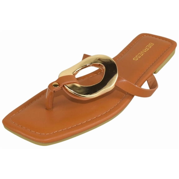 Berness Women’s Thong Sandals – Gold Hardware Accent Square Toe Flat Sandals, Slip-On Dressy Summer Sandals KORI Tan Brown Camel 9