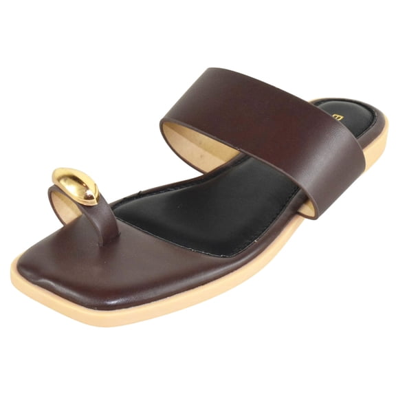 Berness Women’s Toe Ring Slide Sandals – Gold Accent, Cushioned Footbed, Lightweight Flat Slip-On Sandals, Minimalist Summer Slides KAMILA Dark Brown 8