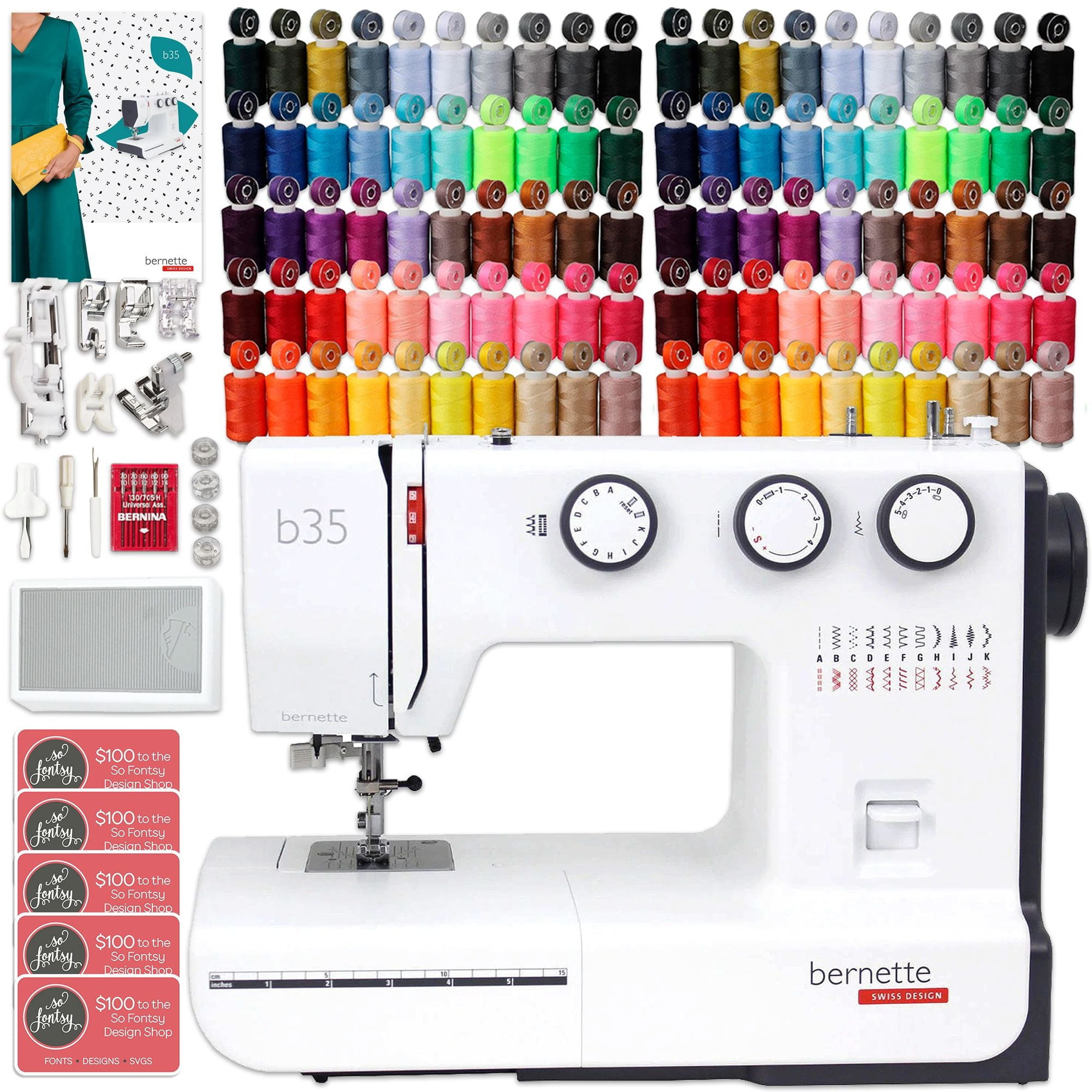 Bernette B35 Sewing Machine with 100 Thread Spools & Color Matching Bobbins