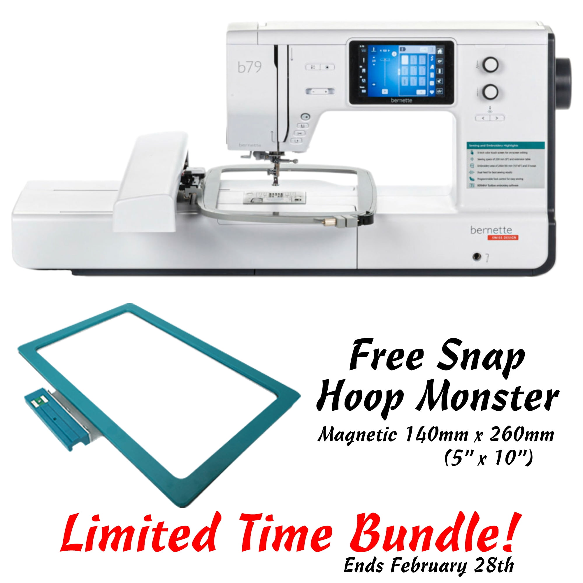 Bernette b79 10" x 6" Embroidery and Sewing Machine with Free Snap Hoop Monster Bundle